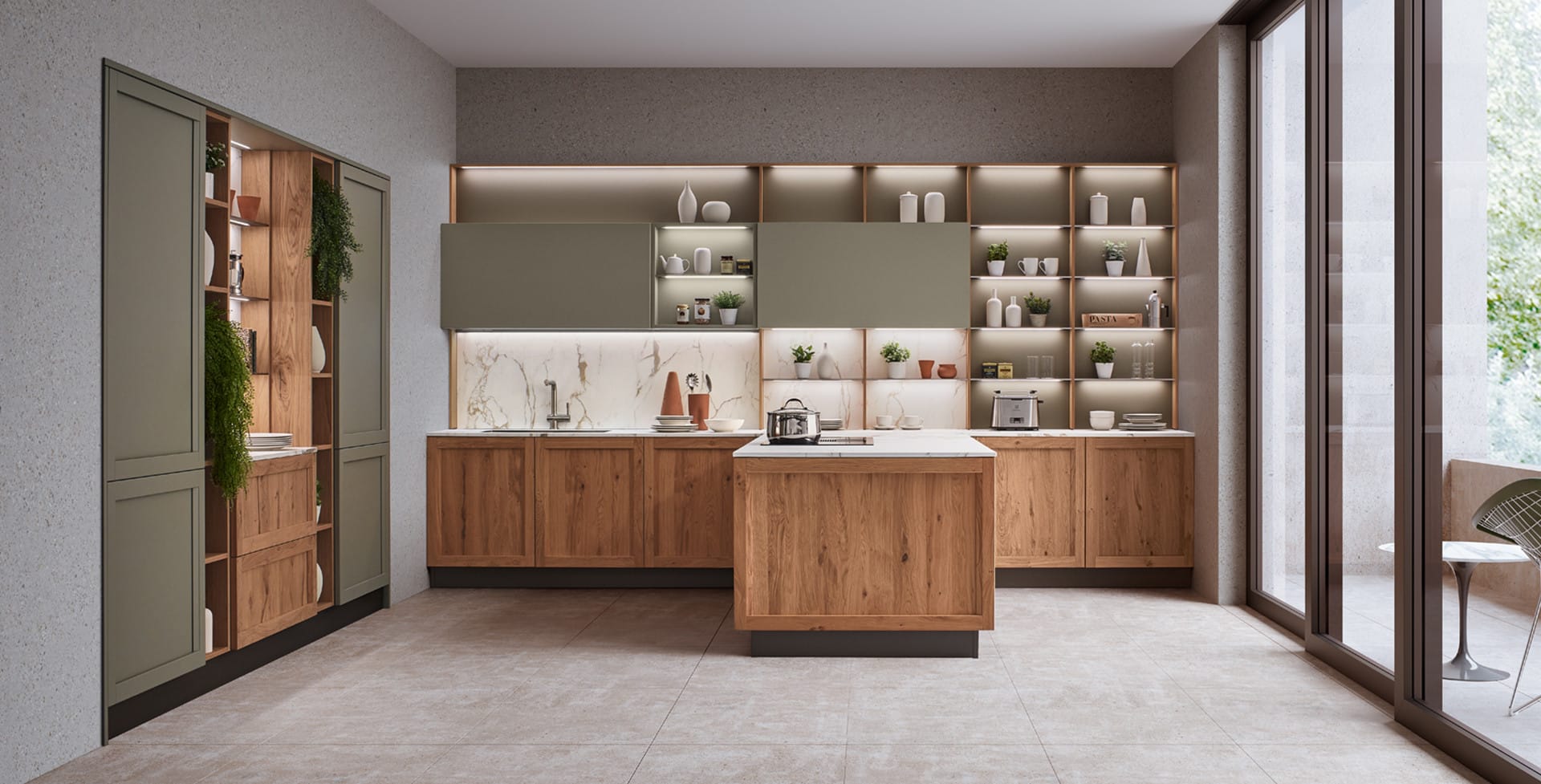 cucina in legno bella con piante finte e mensole illuminate